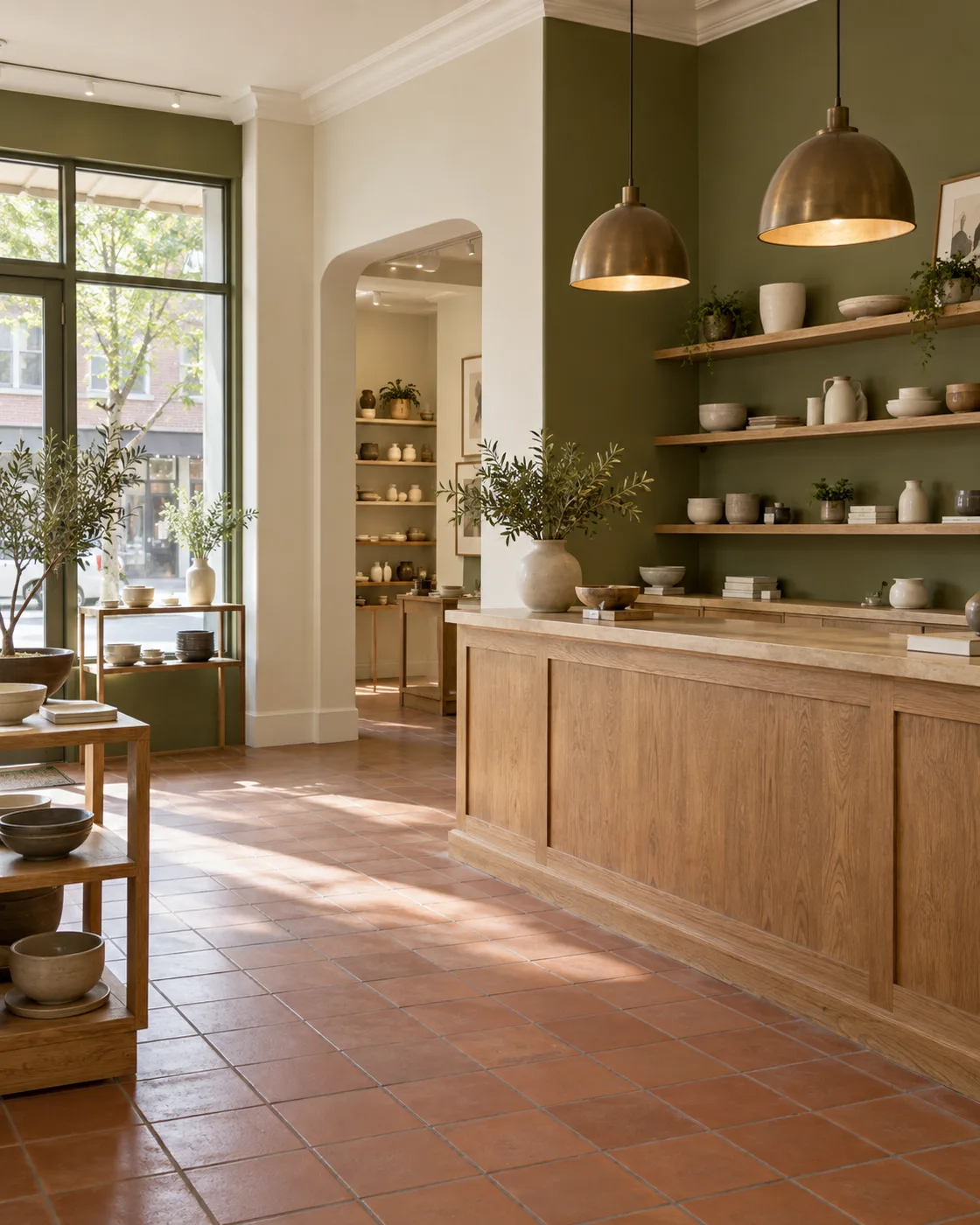 painted retail interior with olive walls