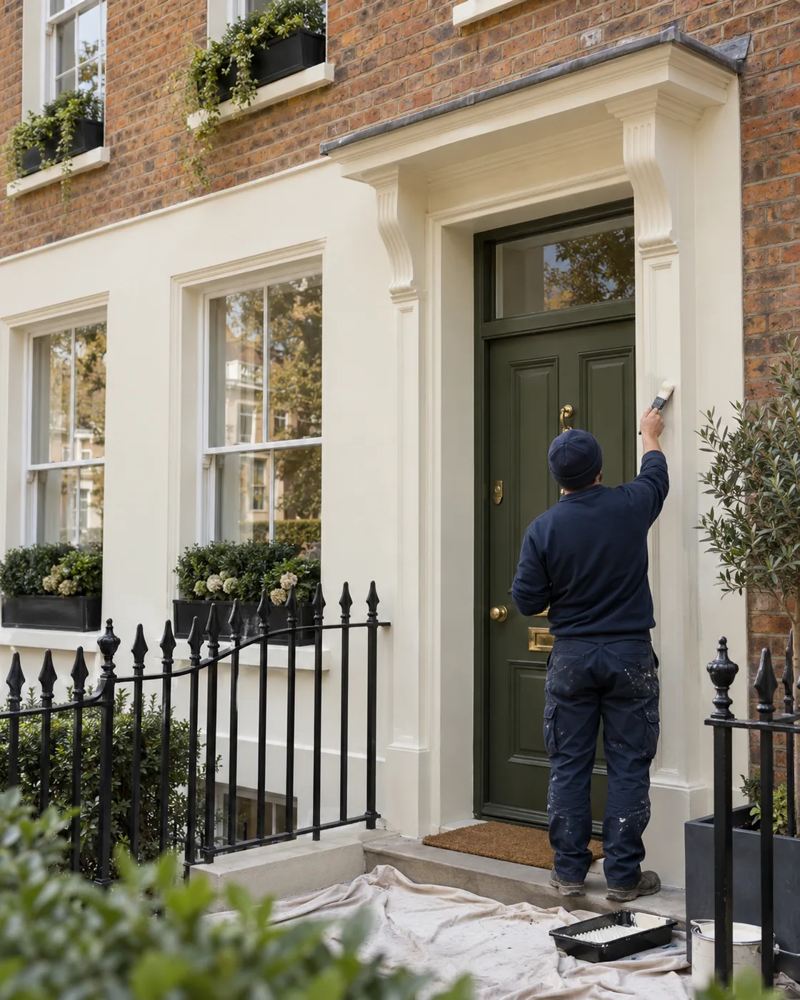 exterior painter working on an ivory door surround