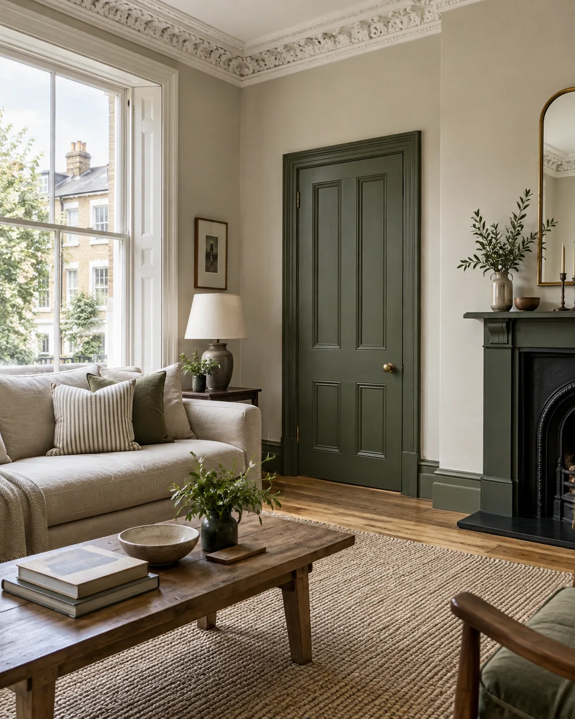 Stone-coloured sitting room walls with an olive painted door