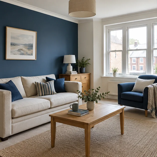 Paint and materials view: blue living room walls contrasting with ivory upholstery