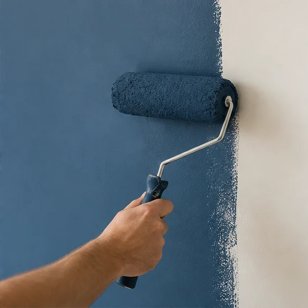 Surface study: roller applying deep blue colour to a wall