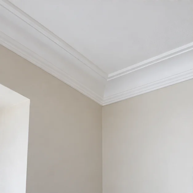 Surface study: white cornice and ceiling meeting a pale wall
