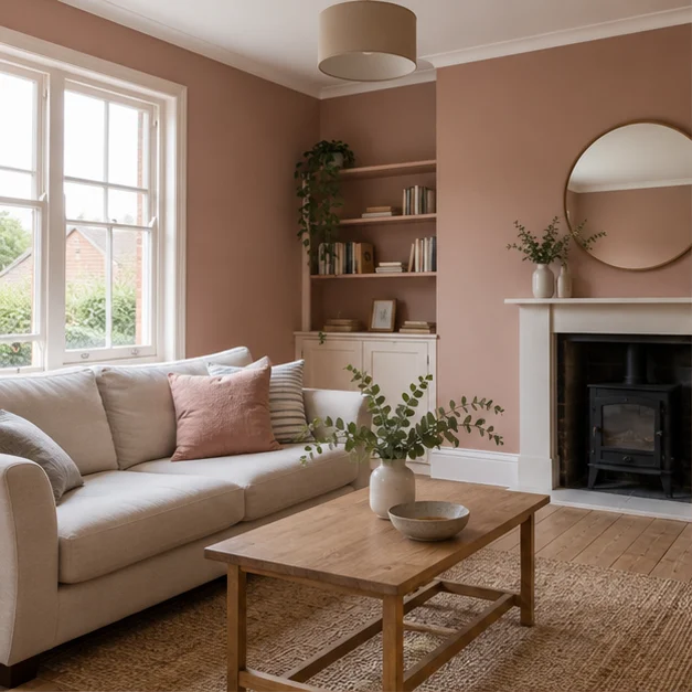 Clay-coloured walls beside an ivory fireplace