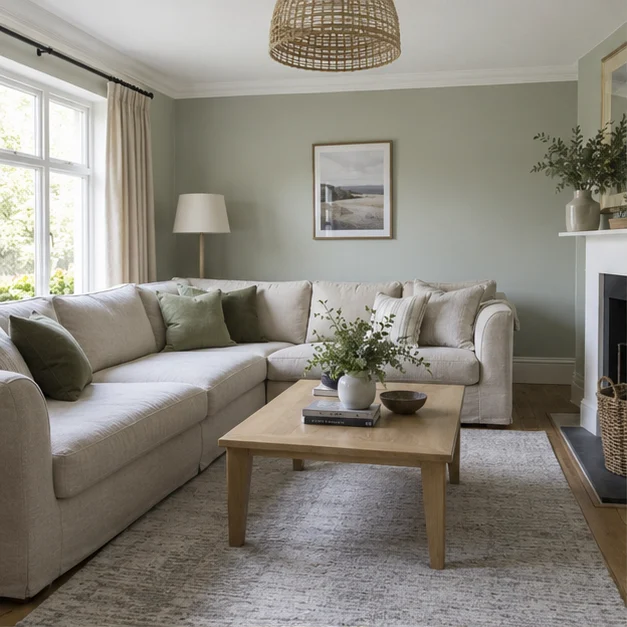 Pale painted living room with white skirting