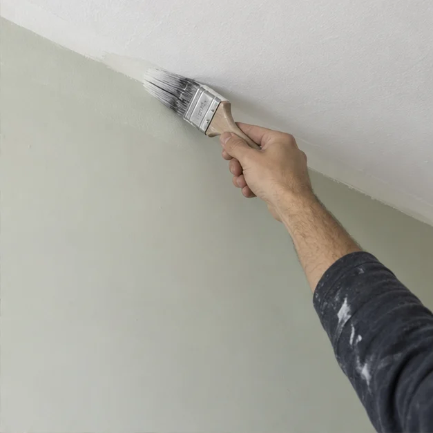 Surface study: brush finishing the line beneath an interior ceiling