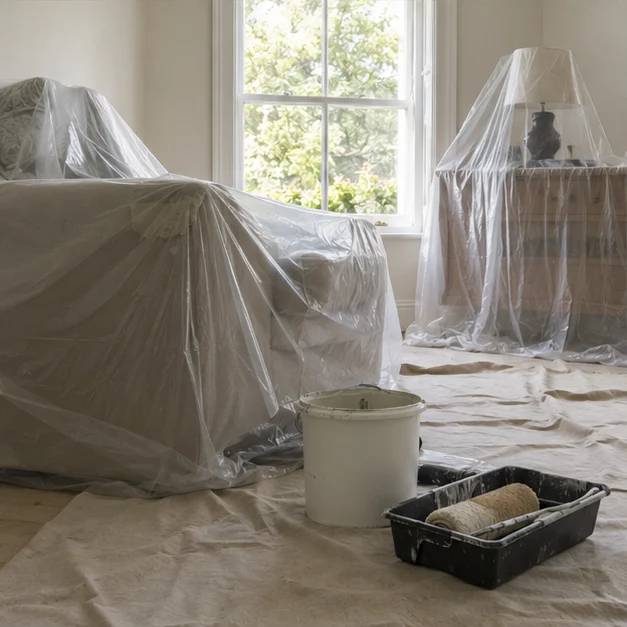 Finish reference: furniture covered for work beside a protected window