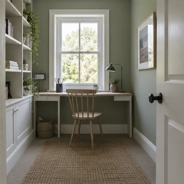 Detail showing light-painted study with simple white woodwork