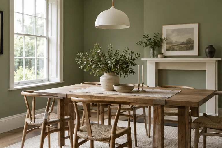 Olive painted dining room with timber furniture