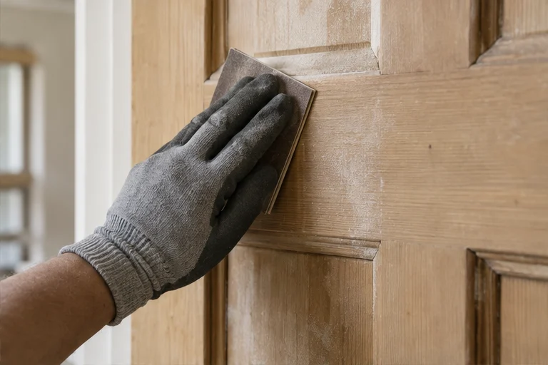 Surface study: gloved hand sanding the timber panels of a door