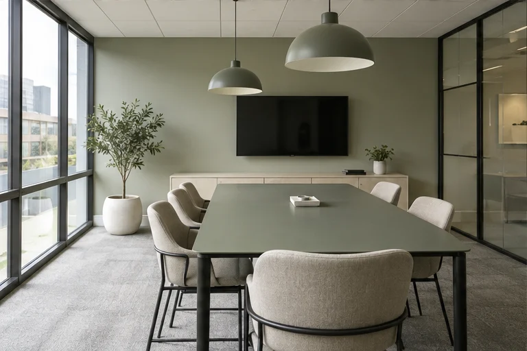 Detail showing olive meeting room with painted walls and oak furniture