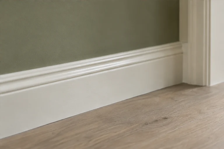 Surface study: smooth white skirting against olive wall paint