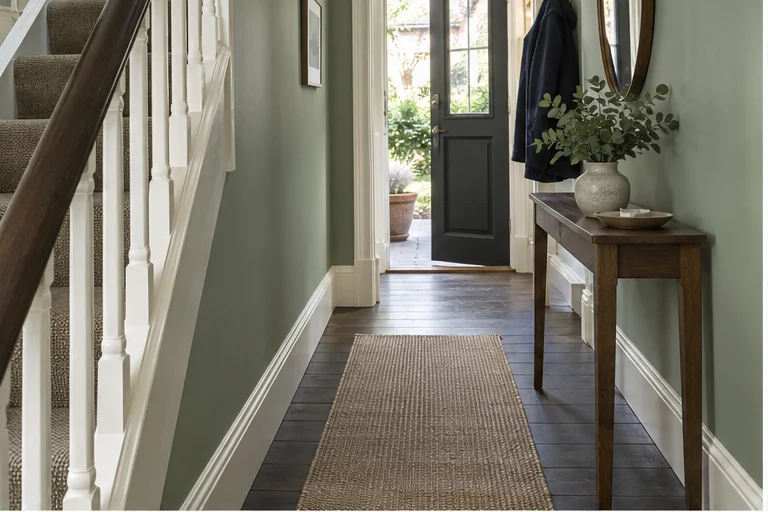 Detail showing sage painted hallway with white skirting and natural light