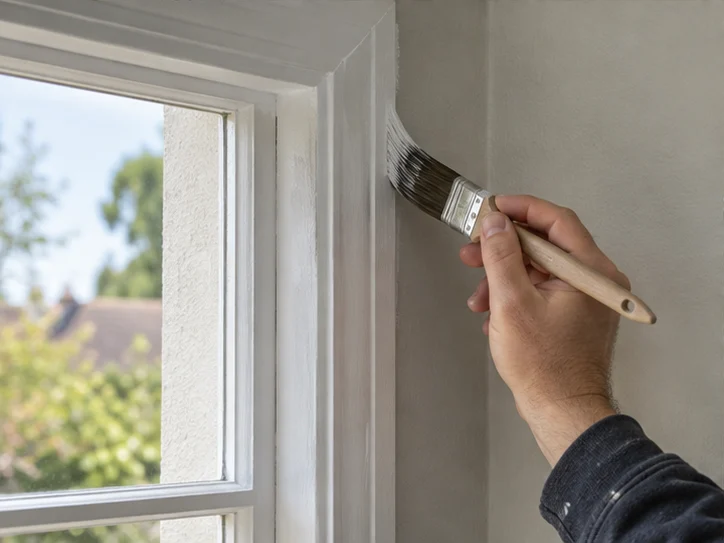 Preparation and finish reference: brush applying paint beside an interior window frame