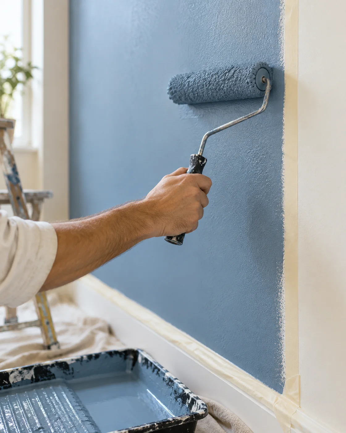 roller applying blue paint beside a protected ivory edge