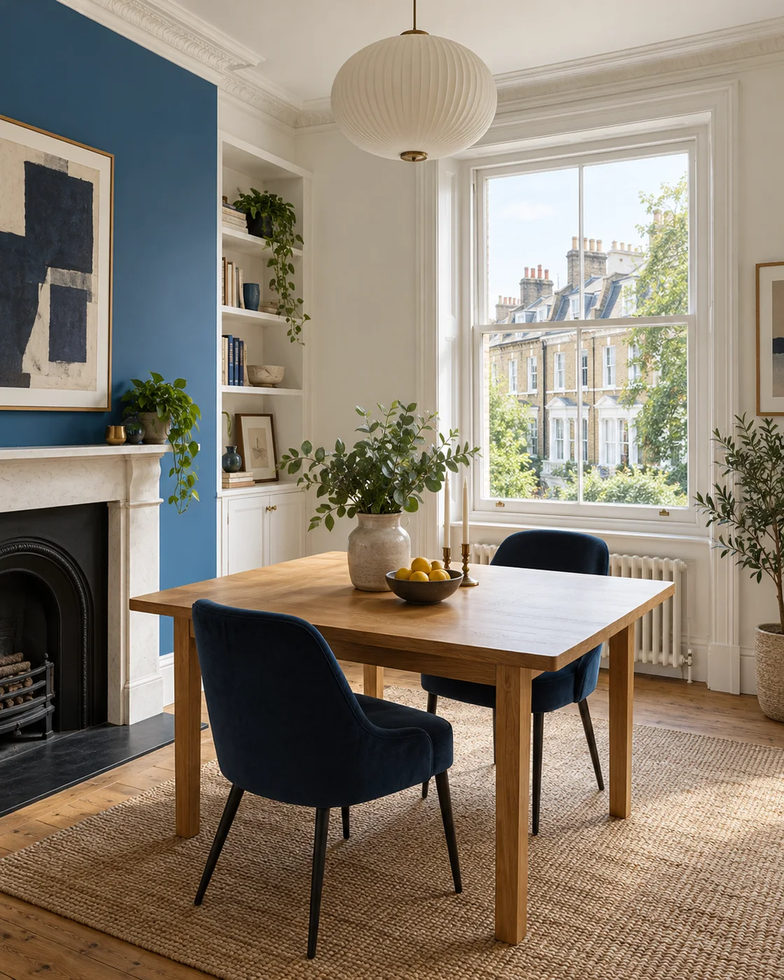 Ivory sitting room with a blue feature wall