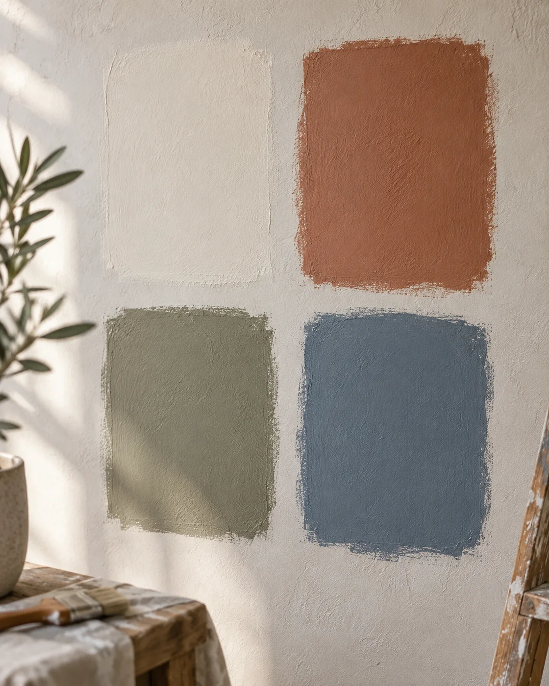paint samples in white, terracotta, olive and blue on plaster