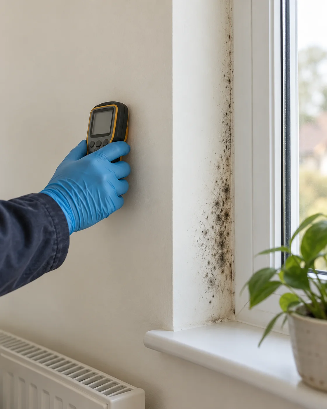Moisture assessment beside an affected window reveal