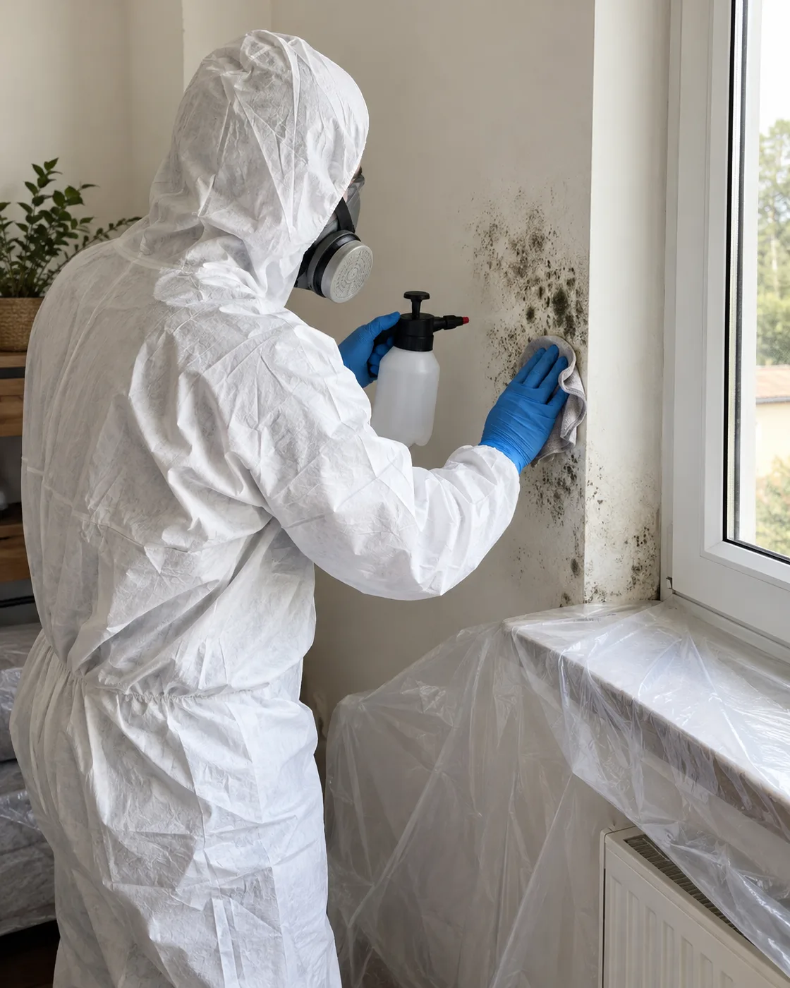 technician treating mould on a wall near a window