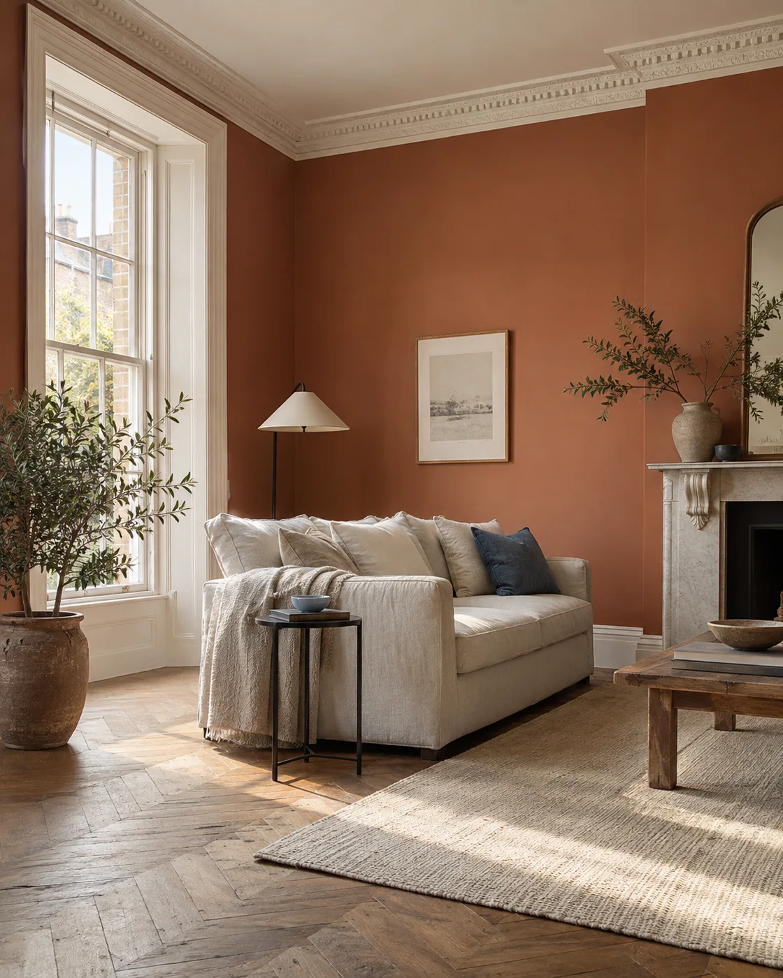 terracotta living room with ivory cornice and linen sofa
