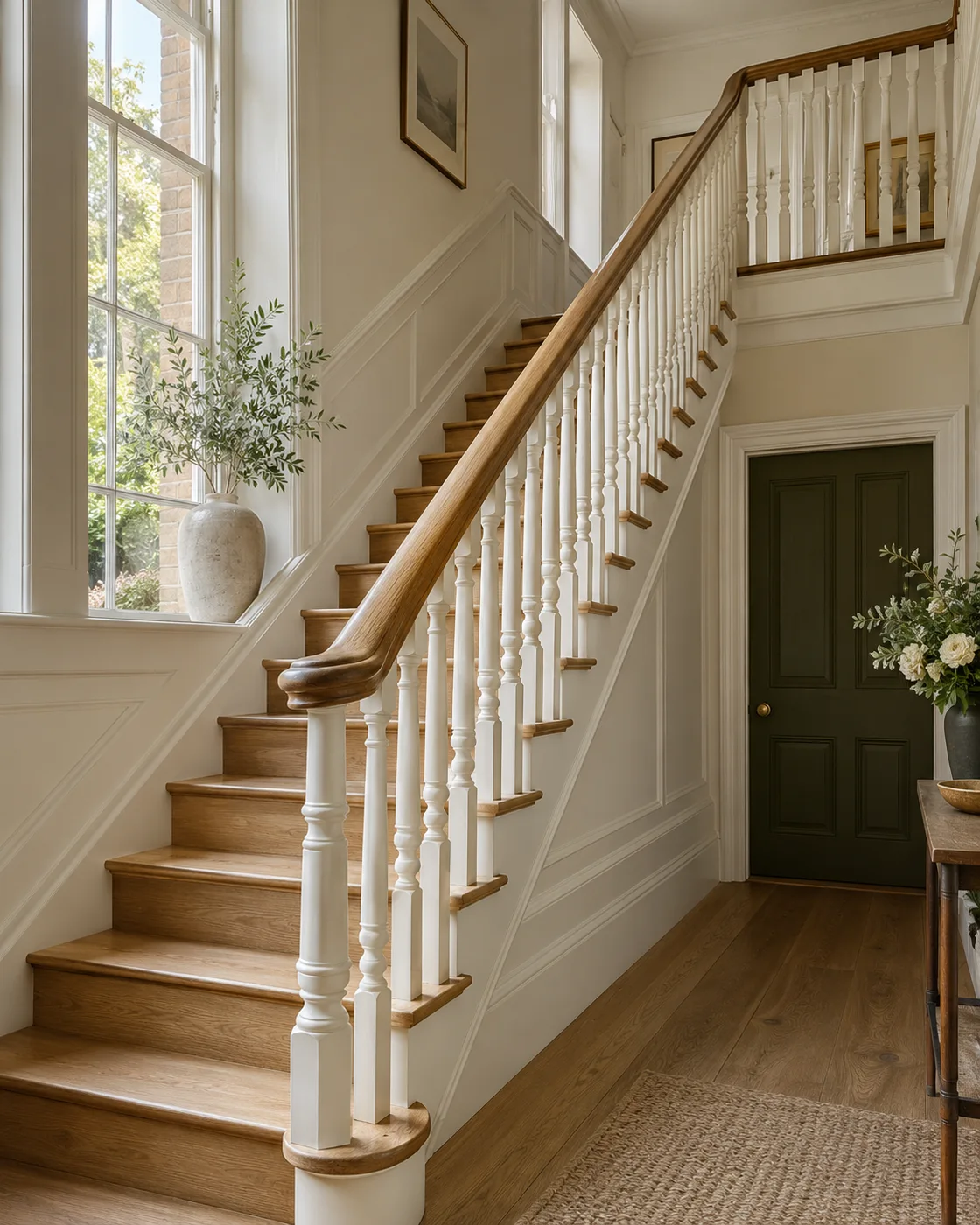 ivory-painted staircase with an oak handrail