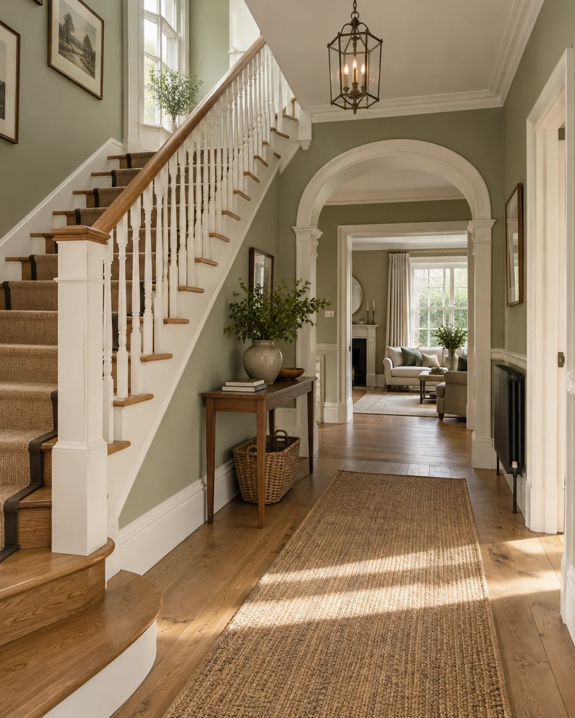 Sage and ivory hall with timber stairs