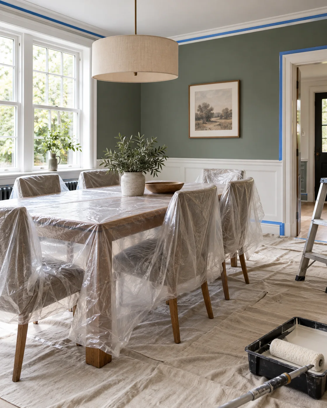 dining room with furniture and floor protected for painting