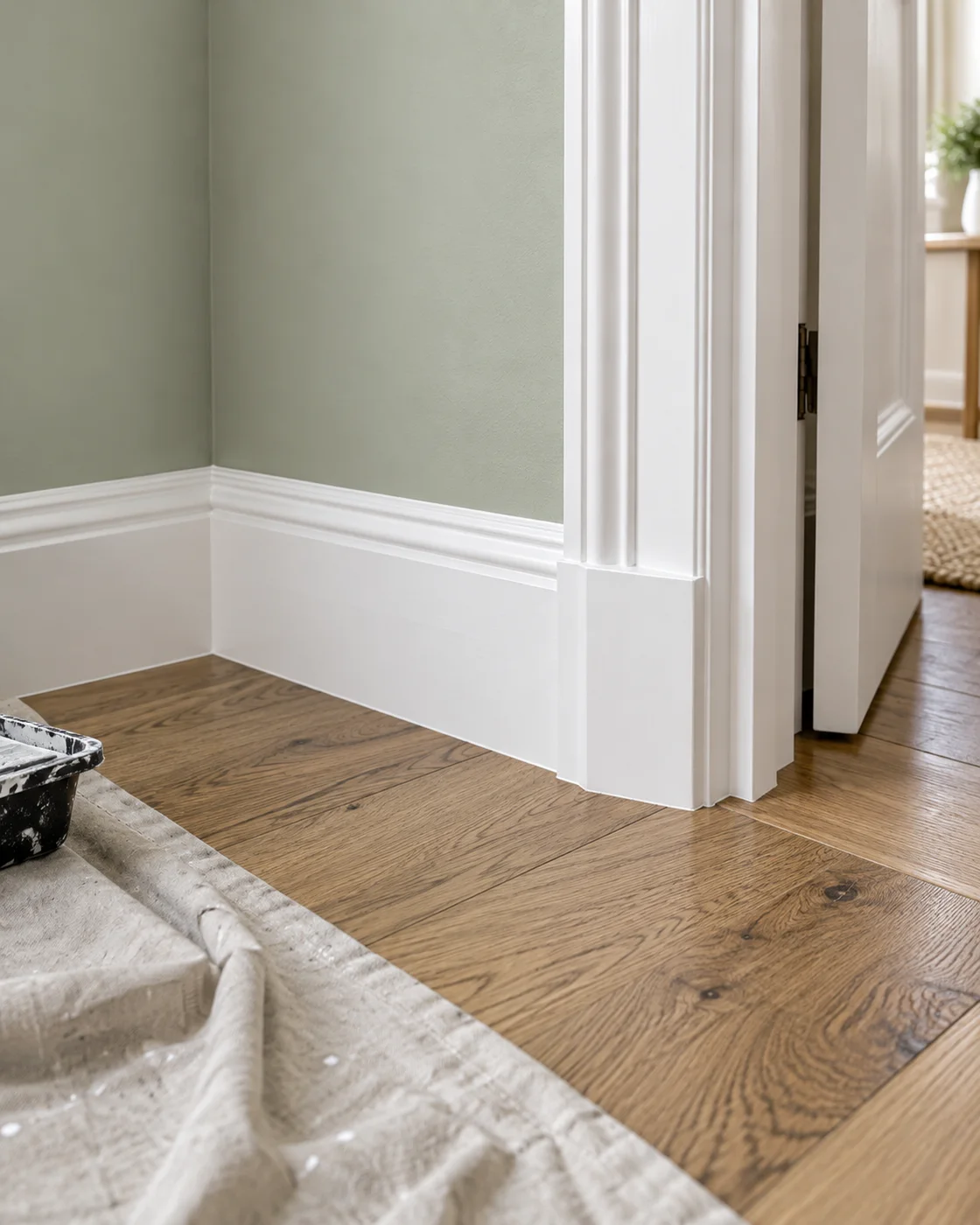 white skirting and frame against sage paint and oak flooring